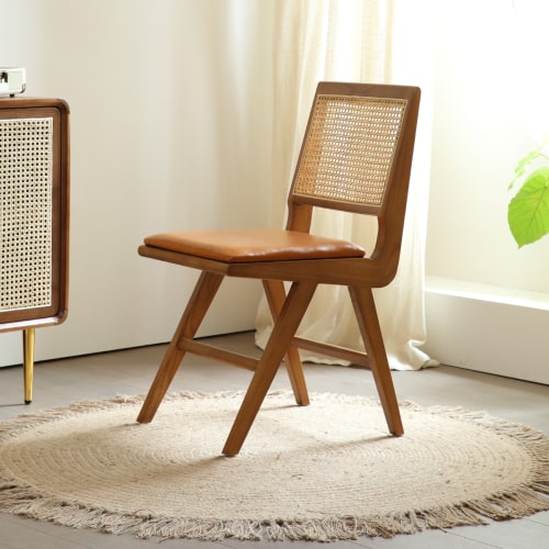 BohoBoho Noir Solid Wood Rattan Desk with Chair Walnut Desks